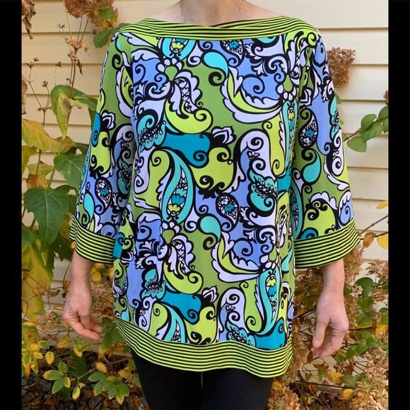 Cocomo 3/4 sleeve green, patterned blouse with boat neck, gorgeous, festive, L - Picture 1 of 7
